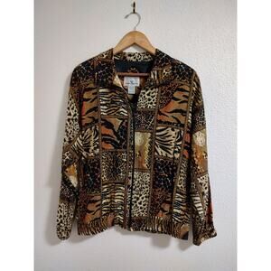 Erin London Vintage Black Tan Savannah Patchwork Zip Front Blazer Jacket Medium